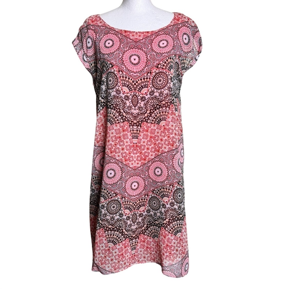 Dana Buchman Dress S Womens Pink Medallion Geometric Cap Sleeve Shift Lined Poly